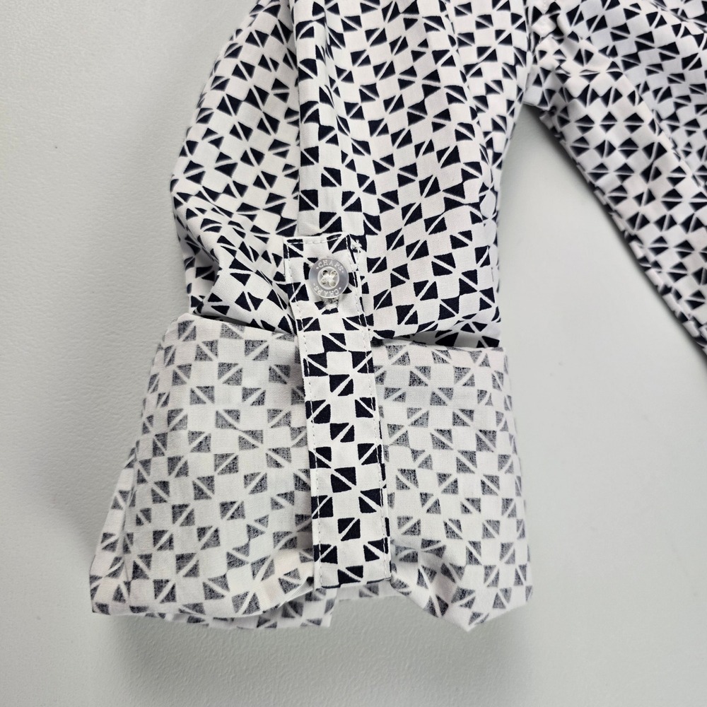 CHAPS Women's Geometric Shirt Dress Tie Waist Ruffle Hem Cotton Black White M - Picture 12 of 16